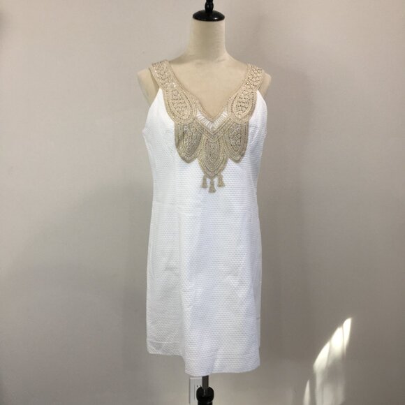 LILLY PULITZER White Gold Lace Applique Textured Sleeveless Shift/Sheath Dress - Picture 5 of 10